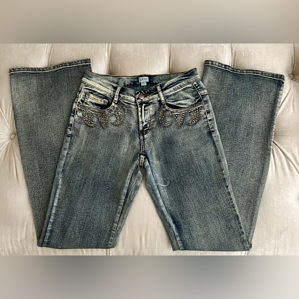 Vintage Cache Dark Stone Washed Bejeweled Bootcut Jeans